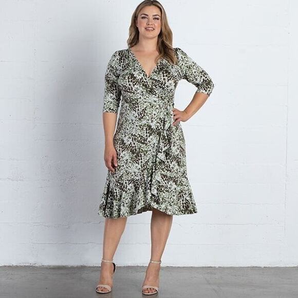 Kiyonna Dress Flirty Flounce Size 10/12 True Wrap Green Medley Print Ruffle Hem - Picture 8 of 10